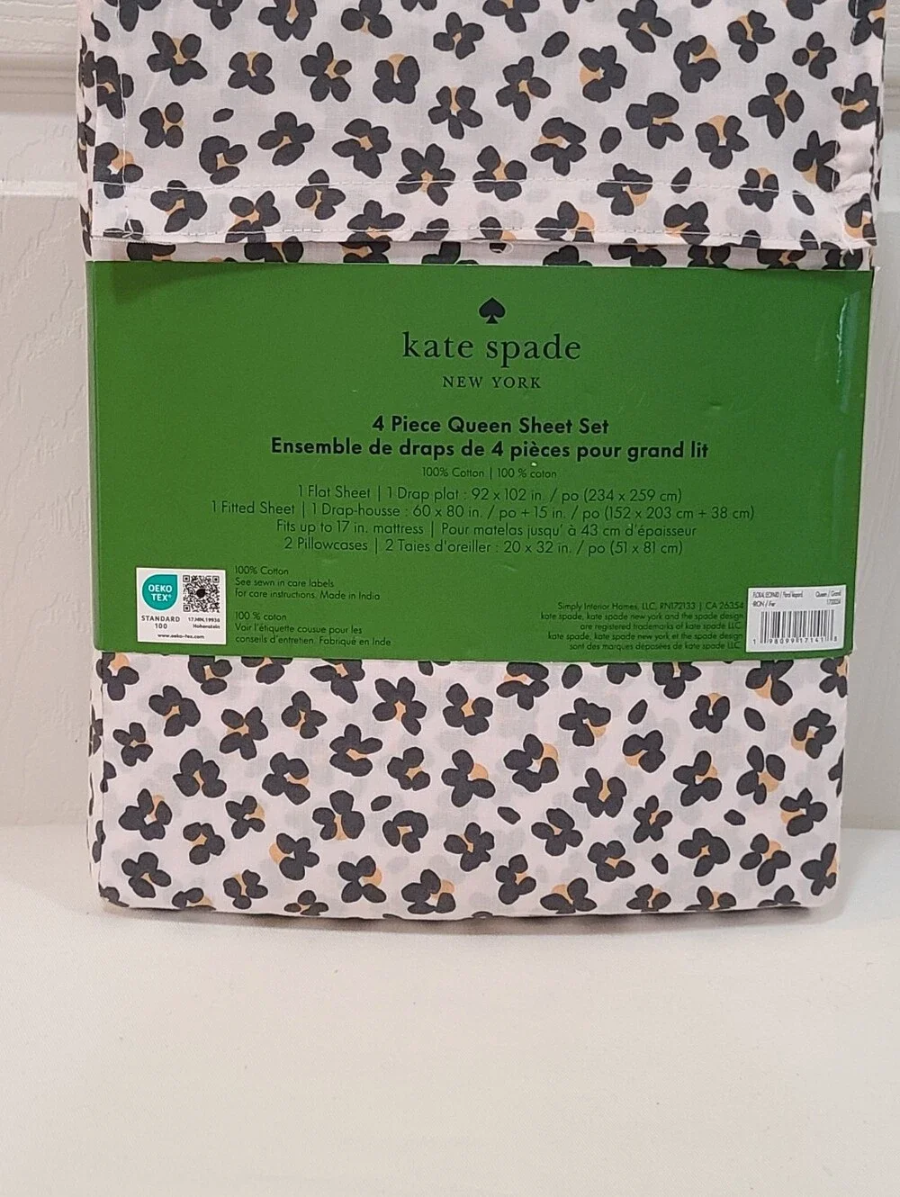 kate spade Queen White Sheet Set with Black and Gold Leopard Spots Floral